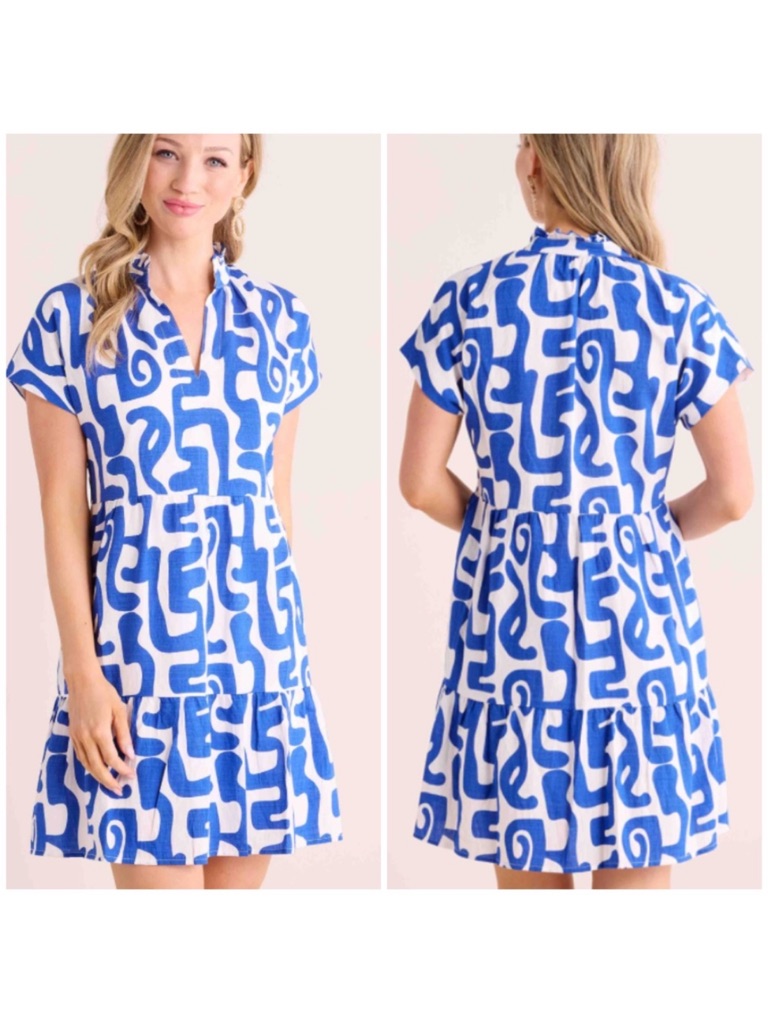 Thml | Nwot Blue White Abstract Print Short Sleeve Tiered Dress Small Summer